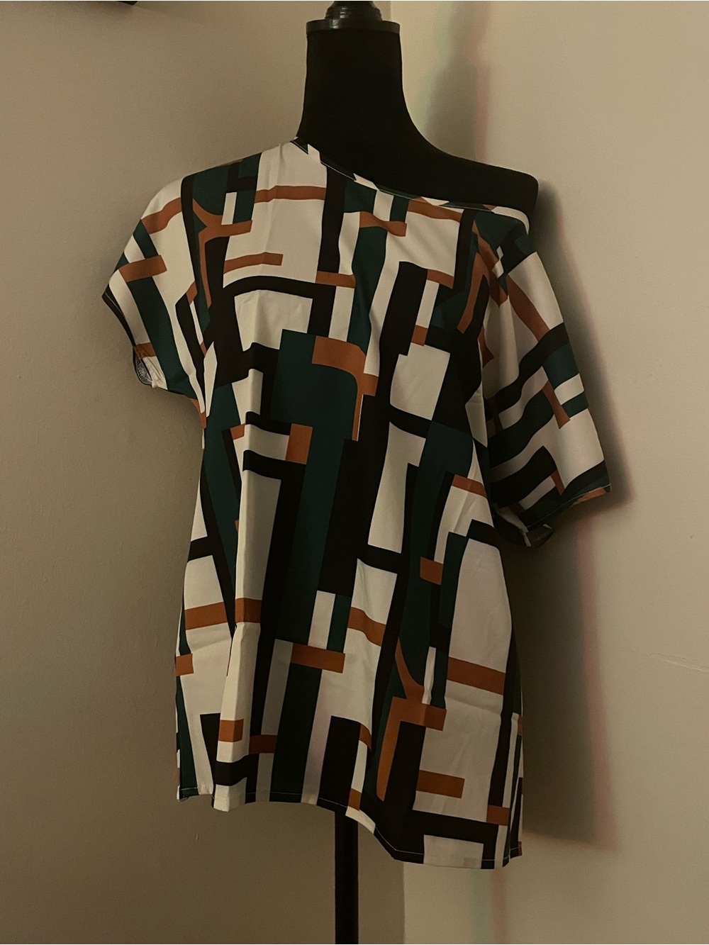 Geometric One-Shoulder Women’s Top in White, Green & Brown
